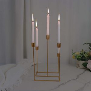 Gold Metal 5-Arm Taper Candle Holder 12", Geometric Candelabra Design - Perfect for Weddings and Party Tables